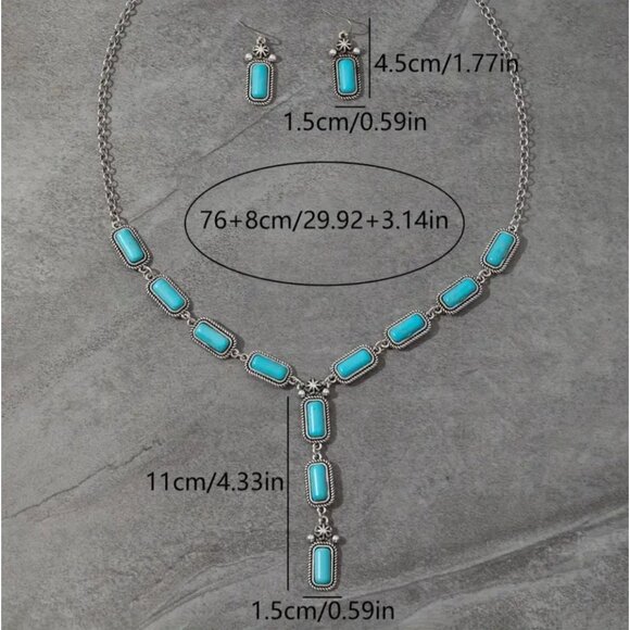 Imitation Turquoise Stone Necklace & Earring Set Boho Silver Tone - Picture 3 of 3